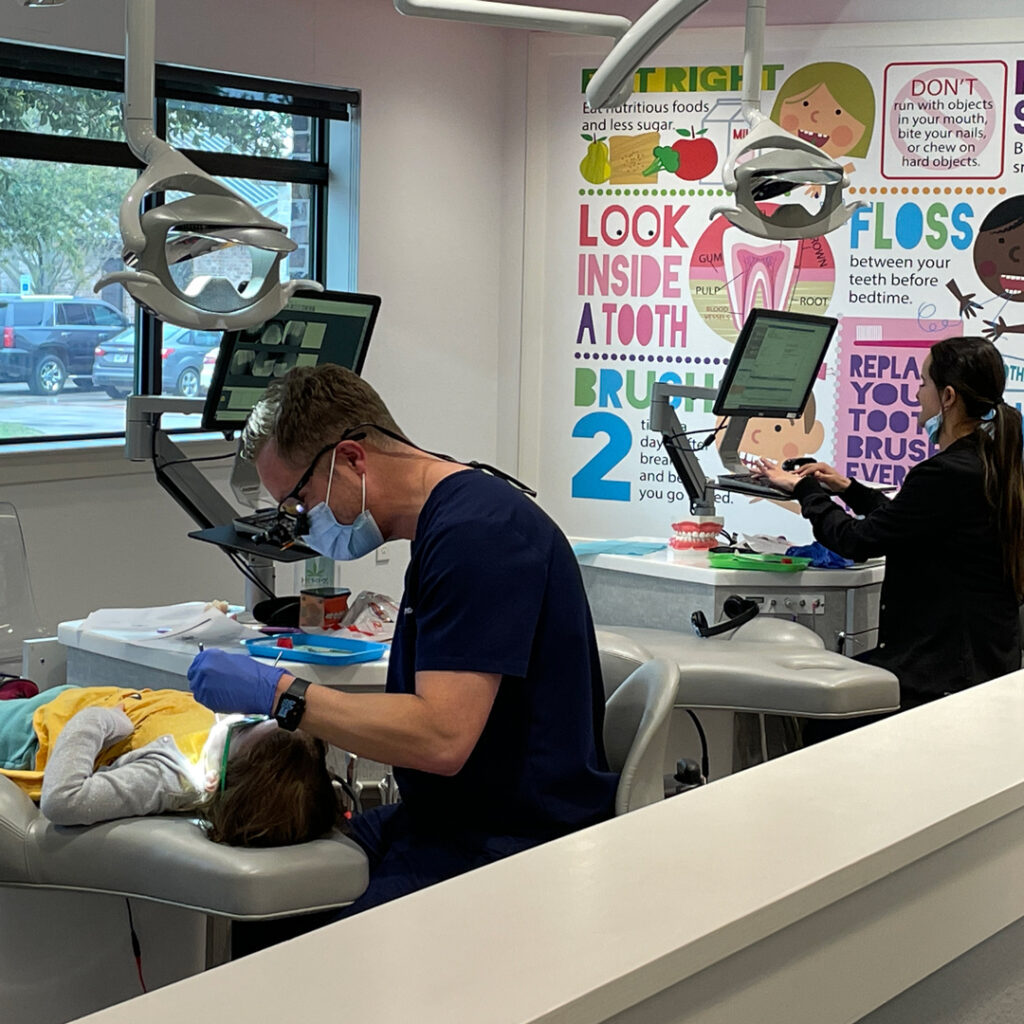 LSKD-MCK-exam-area Lonestar Kid's Dentistry, McKinney location, open exam area for kids and parents.